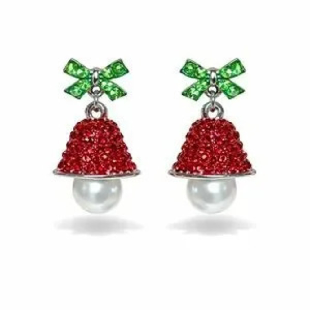 Festive Red Bell Earrings with Green Bow